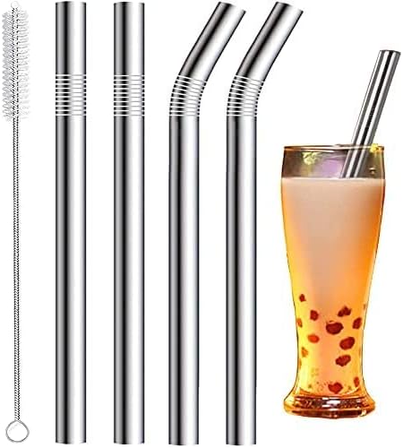 Vinaco Reusable Smoothie & Milkshake Straws, 0.5'' Wide Stainless Steel, 10.5'' & 8.5'' Long, 4 Pack with 1 Cleaner