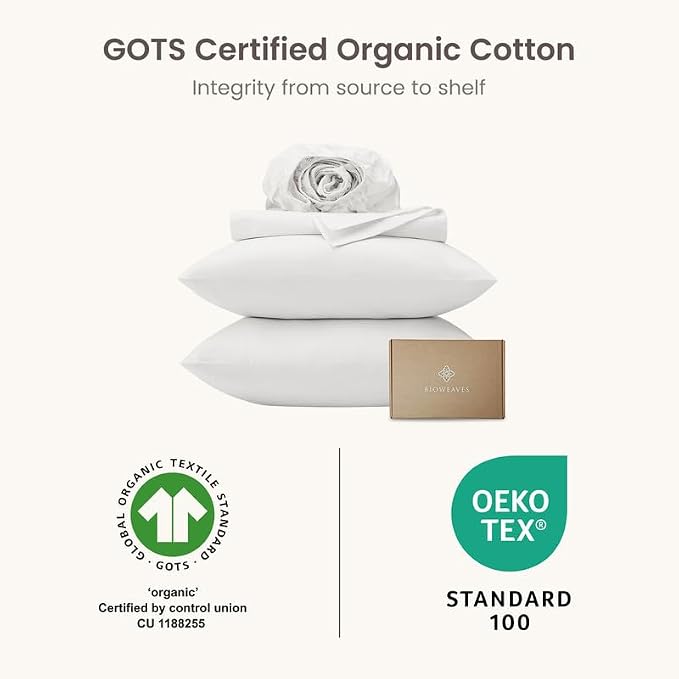 BIOWEAVES 100% Organic Cotton Sheets, 500 Thread Count 4-Piece GOTS Certified Bed Sheet Set Fits Mattress Upto 17" Deep Pocket, Soft & Silky Sateen Weave Full, White