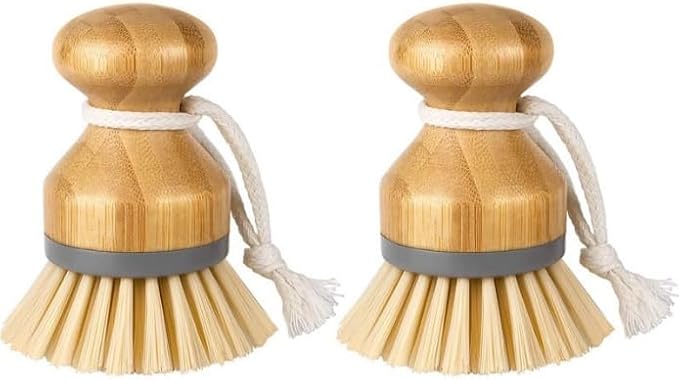 Bamboo Dish Scrub Brush Set, Natural Palm Fiber Bristles for Cleaning Pots, Pans, Dishes & Kitchen Sink, Ergonomic Grip, Durable Eco-Friendly Design (2 Pack)