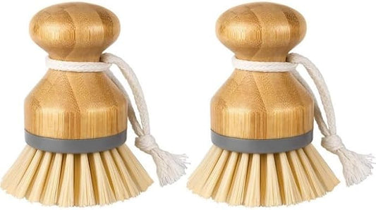 Bamboo Dish Scrub Brush Set, Natural Palm Fiber Bristles for Cleaning Pots, Pans, Dishes & Kitchen Sink, Ergonomic Grip, Durable Eco-Friendly Design (2 Pack)