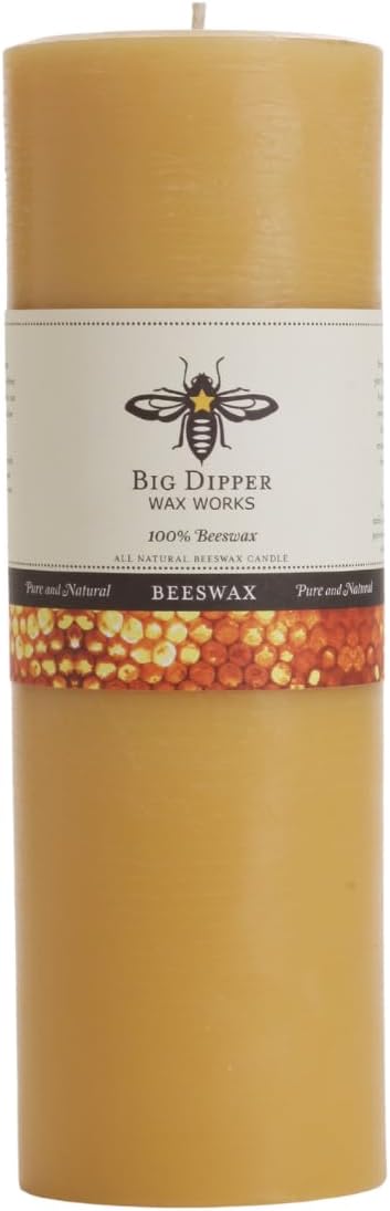 Big Dipper Wax Works 100% Pure Beeswax Pillar Candle, Extra Large 3" x 9", 110 Hour Burn, Handcrafted Honey Aroma, Clean Soot-Free, Eco-Friendly Cotton Wick for Home Décor, Weddings & Meditation