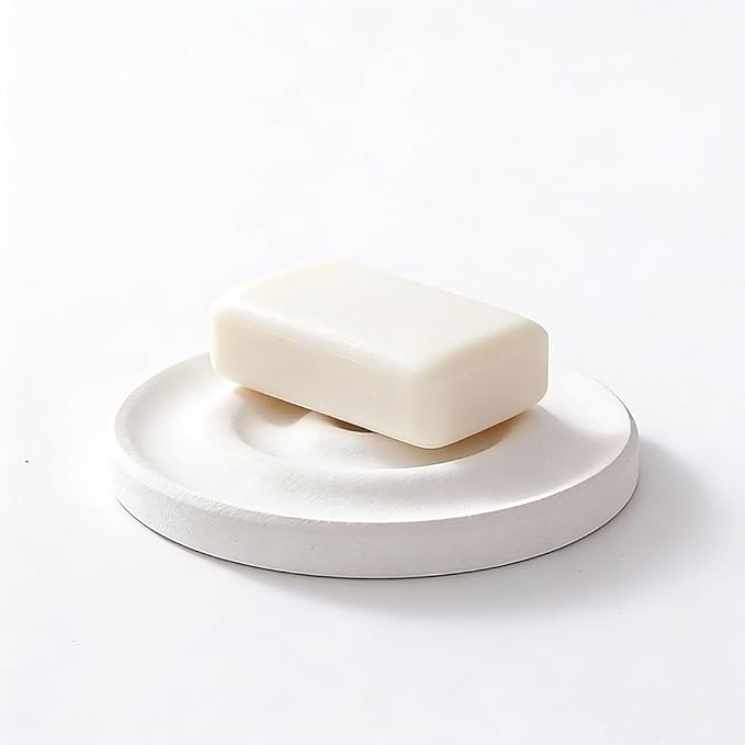 Round Diatomite Stone Soap Dish & Tray - Water Absorbing Soap Holder for Bathroom Kitchen Sink, Quick Dry Sponge Holder, Bar Soap Organizer, Non-Slip Drying Tray & Coaster (White)
