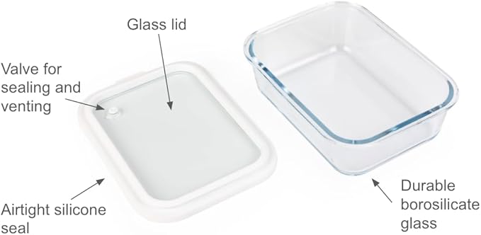 Sio GLASS storage containers with GLASS lids, NO PLASTIC, Set of 3, Airtight Small Medium Large for Food Meal Prep, Silcone Bowl Container (White)