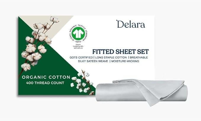 GOTS Certified 100% Organic Cotton Sheets, 400TC Long Staple Cotton, Ultra Soft Silky, Moisture-Wicking, Smooth & Breathable, with Elasticized Deep Pocket