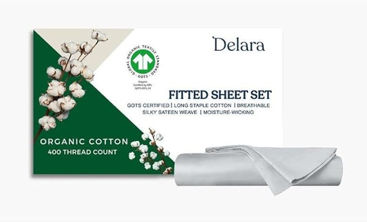 GOTS Certified 100% Organic Cotton Sheets, 400TC Long Staple Cotton, Ultra Soft Silky, Moisture-Wicking, Smooth & Breathable, with Elasticized Deep Pocket