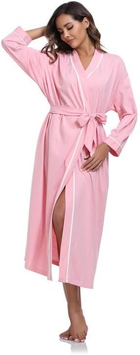 COLORFULLEAF 100% Cotton Women's Robes Summer Lightweight Kimono Soft Long Cotton Bathrobe for Women with Pockets