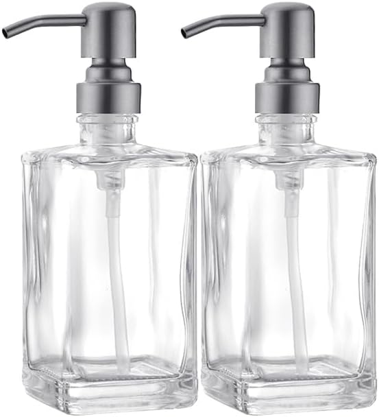 Glass Soap Dispenser Set, Brushed Nickel Stainless Steel Pump & Clear Square Glass Soap Dispenser Bottle, 2 X 13.5oz Refillable Liquid Hand Soap Jar for Kitchen & Bathroom
