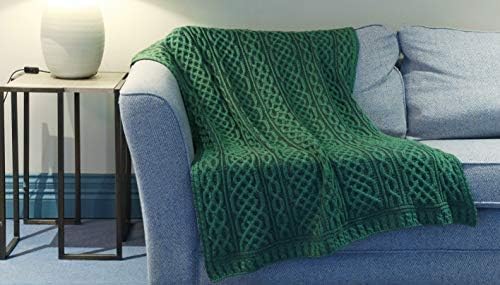 Aran Woollen Mills Carraig Donn Irish Cable Knit Blanket Celtic Throw - 100% Merino Wool Made in Ireland 40"x 55" (102 x 140 cm)(Kiwi/Connemara Green)