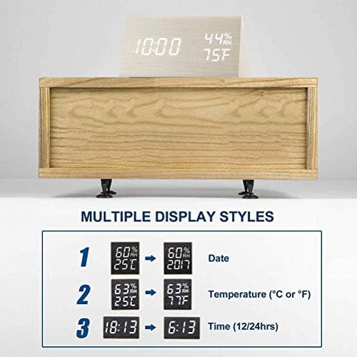 Digital Alarm Clock, Wooden Alarm Clock with Electronic LED Time Display, Humidity & Temperature Detect 3 Alarm Settings 3 Level Brightness Electric Clock for Bedroom Bedside Desk (White wood color)