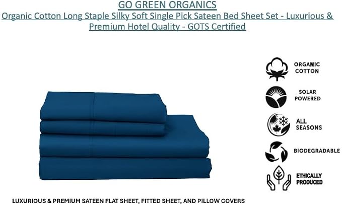 Organic Cotton Long Staple Silky Soft Single Pick Sateen Bed Sheet Set - Luxurious & Premium Hotel Quality - GOTS Certified - Solid Dyed (Moroccon Blue, Queen (U.S. Standard))