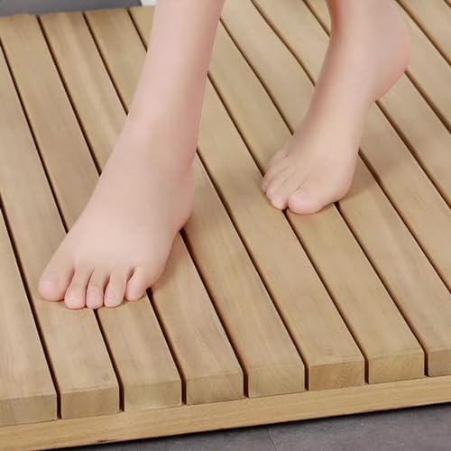 Teak Shower Mat Foldable Luxury Wooden Non-Slip Wood Bath Mat for Bathroom Bathtub Indoor Outdoor,Wooden Bath Mat, Bamboo Shower Mat with Handle, Non-Slip Rectangular Bath Rug, Kitchen & Spa