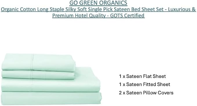 Organic Cotton Long Staple Silky Soft Single Pick Sateen Bed Sheet Set - Luxurious & Premium Hotel Quality - GOTS Certified - Solid Dyed (Clear Water, King (U.S. Standard))