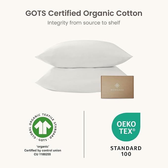 Bioweaves 100% Organic Cotton Envelope Pillow Cases 300 Thread Count Soft Sateen Weave GOTS Certified – 20 X 37, Set of 2, Cream