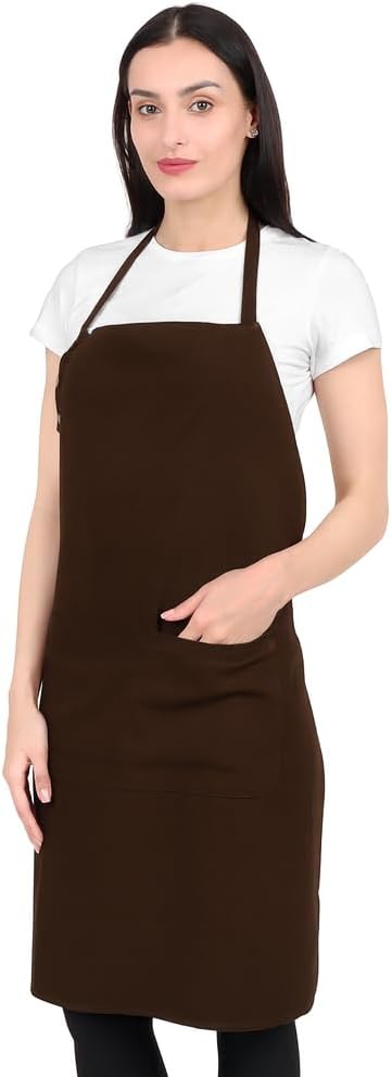 Kitchen Apron Cotton Waterdrop Resistant with adjustable Aprons for Women with Pockets 9 Color option Cooking (Brown)