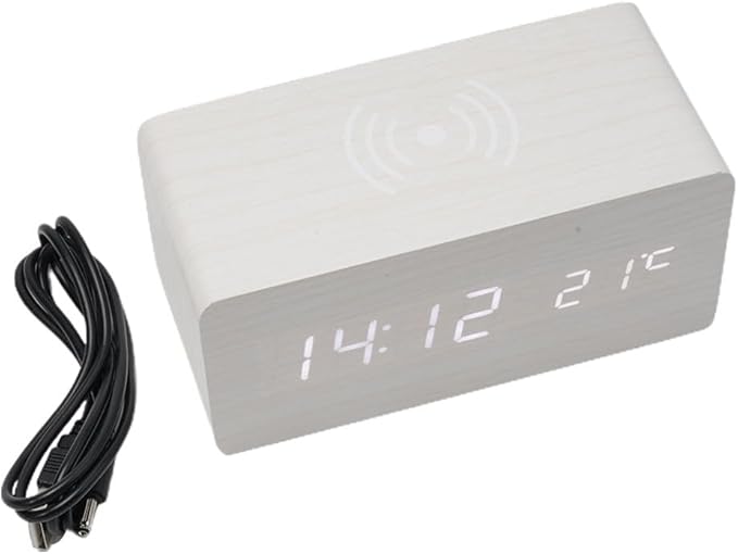 Wooden Digital Alarm Clock with Charging Function, for Temperature for Bedroom Travel Desk Decoration, Desk Clocks for Bedside(White)