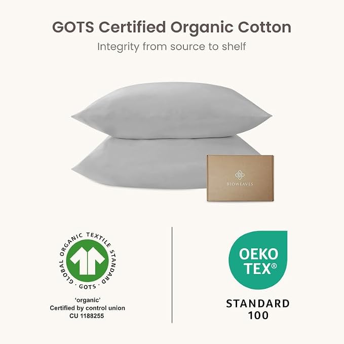 Bioweaves 100% Organic Cotton Envelope Pillow Cases 300 Thread Count Soft Sateen Weave GOTS Certified – 20 X 27, Set of 2, Silver