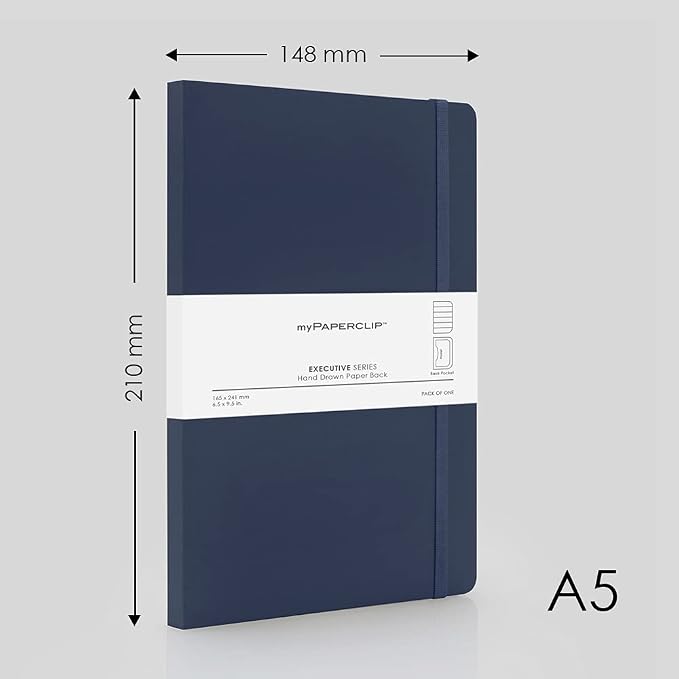 myPAPERCLIP Executive Series A5 Ruled Notebook | 192 Pages, 80 GSM, Soft Cover, A5 (5.83 x 8.27 in) | Flat Lay | Bookmark, Elastic Closure & Back Pocket | Blue