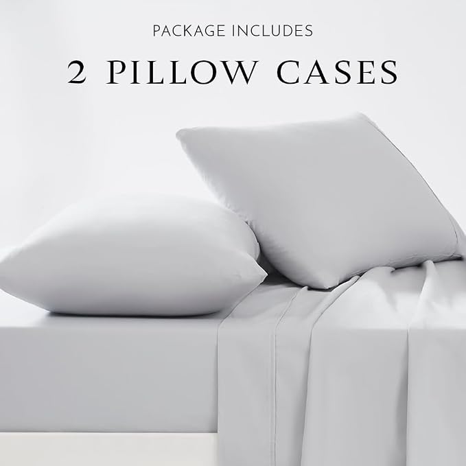 Linen Closet 100% Organic Cotton King Size Pillow Cases Set of 2, Light Gray, 300 Thread Count Pillow Covers, Percale Weave, Cooling, Crisp & Breathable Pillowcases for Home & Hotel Pillows, 40"x20"
