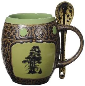 ALWAYS AZUL POTTERY Coffee Mug and Spoon - Tree #2 Design on Ash & Green Mug - Handmade Ceramic Coffee Mug - Stylish and Unique Handcrafted Artistic Drinkware - Polished Clay Cups, For Coffee & Tea