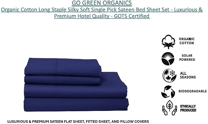 Organic Cotton Long Staple Silky Soft Single Pick Sateen Bed Sheet Set - Luxurious & Premium Hotel Quality - GOTS Certified - Solid Dyed (Twillight Blue, Queen (U.S. Standard))