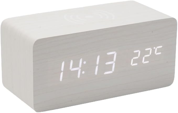 Wooden Digital Alarm Clock with Charging Function, for Temperature for Bedroom Travel Desk Decoration, Desk Clocks for Bedside(White)