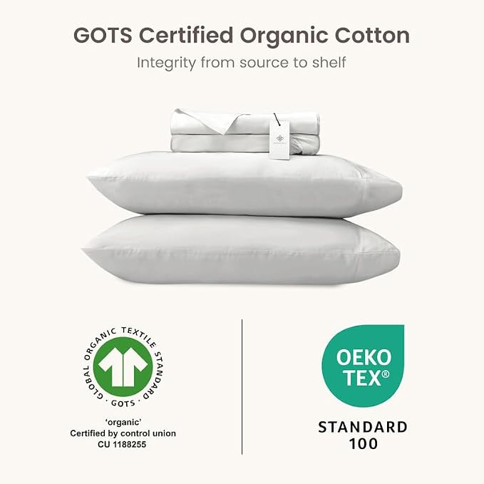 BIOWEAVES 100% Organic Cotton Sheets, 300 Thread Count 3-Piece GOTS Certified Bed Sheet Set Fits Mattress Upto 17" Deep Pocket, Soft & Silky Sateen Weave (Twin, Silver)