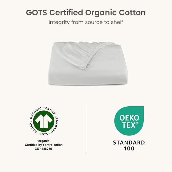Bioweaves 100% Organic Cotton 1 Twin Fitted Sheet Only | 300 Thread Count Sateen Weave GOTS Certified with Deep Pocket - Silver