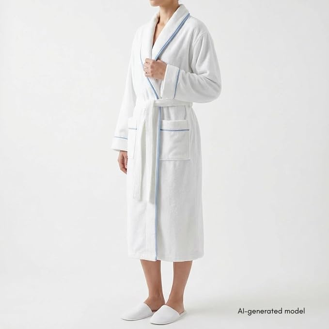 Jillien Harbor Womens Cotton Bathrobe – Towel Robe for Women in Soft Terry Cloth, Highly Absorbent Cotton Robes for Women with Refined Blue Piping, Cuffed Sleeves Medium to Large Fit — One Size, White