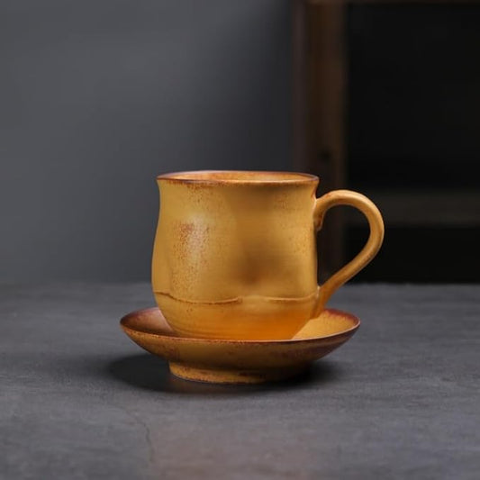 Rustic Kiln Glaze Textured Ceramic Coffee Mug with Saucer, Vintage Wabi Sabi Latte Tea Cup Multiple Styles, set of 1 (MIXED013)