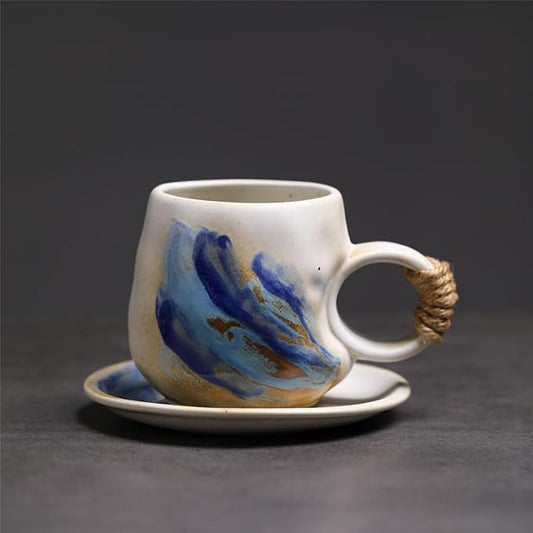 Handmade Rustic Ceramic Coffee Mug with Saucer, Kiln Glaze Pottery Tea Cup with Hemp Rope Handle, set of1, 300ml (YUANER02)
