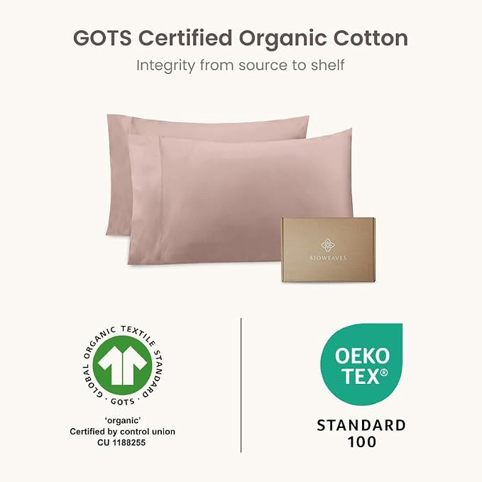 Bioweaves 100% Organic Cotton King Pillow Cases 300 Thread Count Soft Sateen Weave GOTS Certified – King Size, Set of 2, Dusty Rose