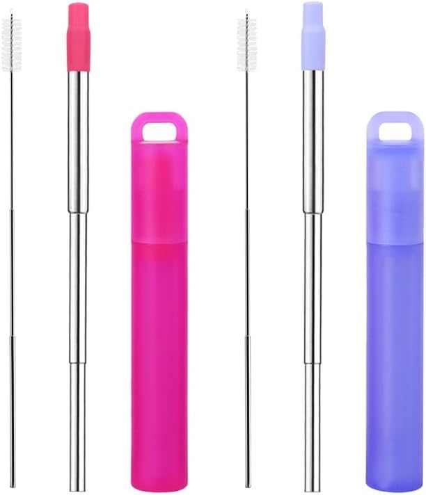 NAIVELY-Reusable Metal Straws 2 Pack Collapsible Stainless Steel Straw,travel straw with case and Cleaning Brush,Retractable Portable Pocket Straws(Red, Purple Telescopic brush)