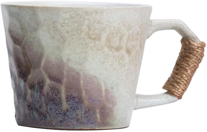 12oz retro Japanese pottery tea cup, handmade tea cup with comfy handle, retro ceramic mug with handle, lead-free reactive glaze, perfect for office & home (Purple)