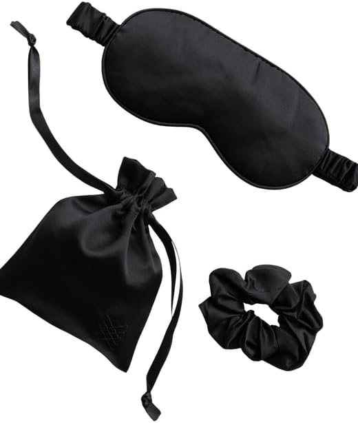 Zestt Organics Silk Sleep Mask Set, 100% Mulberry Silk Eye Mask for Women with Hair Scrunchie & Matching Carry Bag (Black)