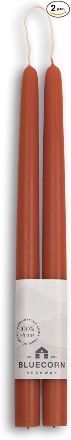 Bluecorn Beeswax Taper Candles, 100% Pure Natural Bees Wax, Pair of 12 Inch Terracotta Tapered Candlesticks, Clean Burning & Dripless, Fragrance Free, Long Lasting, Home Decor, American Made, 1 Count