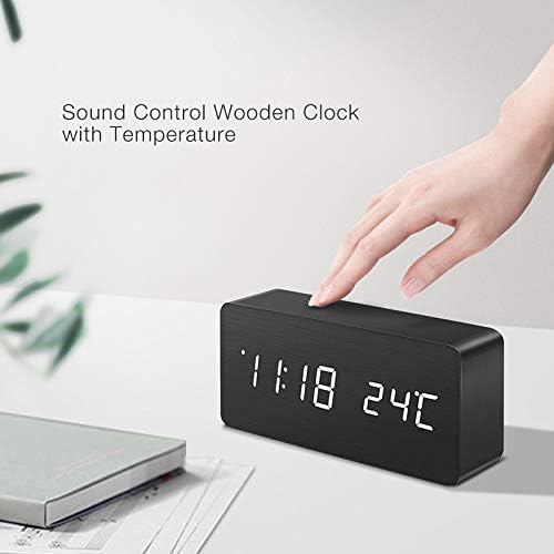Wooden Digital Clock Multi-Function LED Alarm Clock with Time/Date/Temperature Display and Voice Control for Home Office Travel AC11Black_White