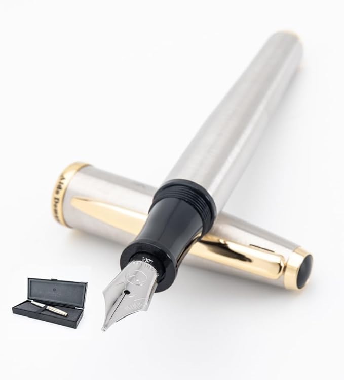 Monteverde USA Aldo Domani Fountain Pen Brushed - Broad Nib - Luxury Writing Pen - JoWo Stainless Steel Nib - Smooth Ink Flow - Refillable - Gift Box Included