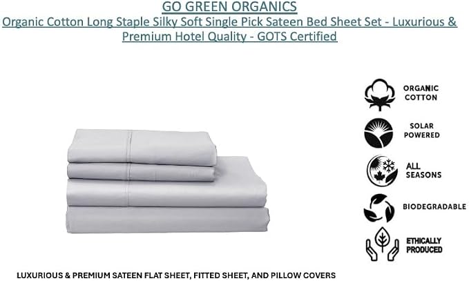 Organic Cotton Long Staple Silky Soft Single Pick Sateen Bed Sheet Set - Luxurious & Premium Hotel Quality - GOTS Certified - Solid Dyed (Grey Dawn, King (U.S. Standard))