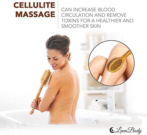 Bamboo Body Brush for Back Scrub - Natural Boar Bristle Shower Brush Scrubber with Long Handle - Exfoliate Skin and Cellulite - Wet or Dry