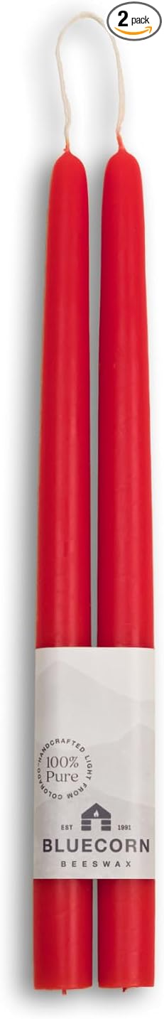 Bluecorn Beeswax Taper Candles, 100% Pure Natural Bees Wax, Pair of 12 Inch Red Tapered Candlesticks, Clean Burning & Dripless, Fragrance Free, Long Lasting, Home Decor, American Made, 1 Count