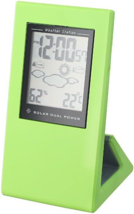 Solar-Powered Weather Station Clock with Temperature and Humidity Display, Compact Indoor/Outdoor Design, Large-Readout LCD, Plastic Housing — for Home, Office, or Porch