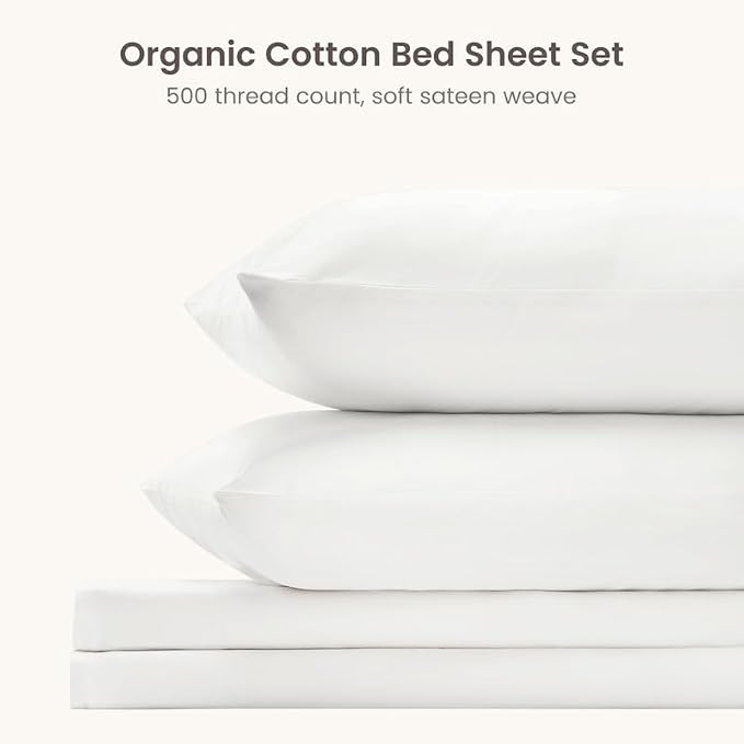 BIOWEAVES 100% Organic Cotton Sheets, 500 Thread Count 4-Piece GOTS Certified Bed Sheet Set Fits Mattress Upto 17" Deep Pocket, Soft & Silky Sateen Weave Full, White