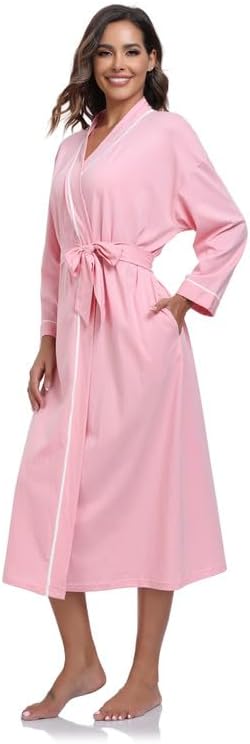 COLORFULLEAF 100% Cotton Women's Robes Summer Lightweight Kimono Soft Long Cotton Bathrobe for Women with Pockets