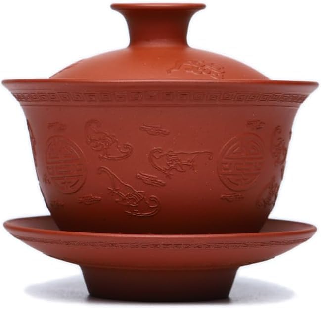 Yixing Clay Zisha Gaiwan 5 Oz/150ml,Chinese Kungfu Tea Bowl Cup,Blooming and Loose Leaf Tea Cup Set -Red Clay