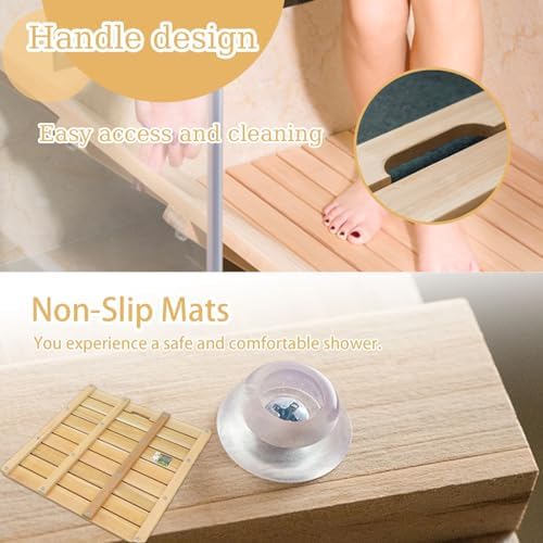 Wooden Shower Mat Non Slip Bathroom Floor for Bathtub Pool Use Commercial Grade Waterproof Bath,Natural Wooden Shower Mat - Non-Slip Bath Foot Pedal with Handle, Customiz