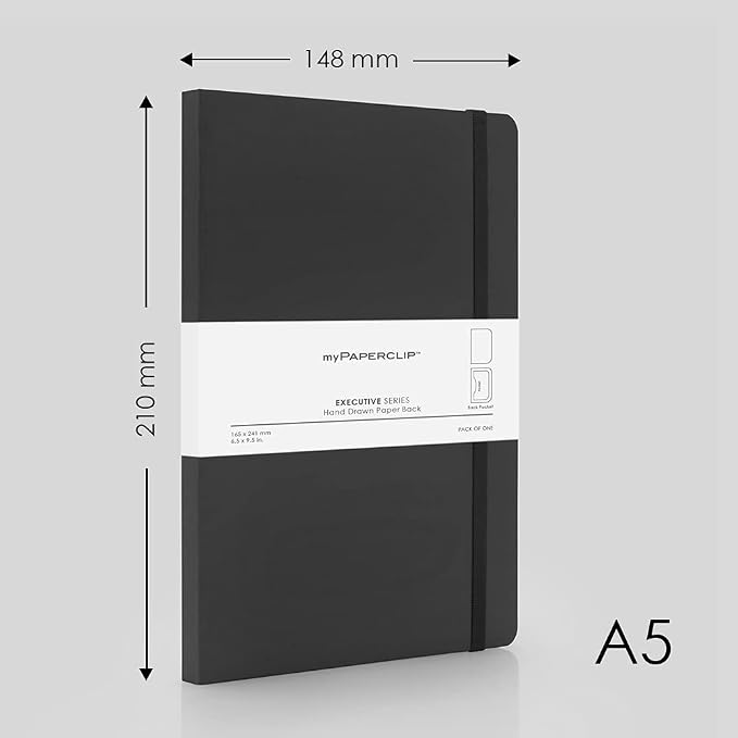 myPAPERCLIP Executive Series A5 Plain Notebook | 192 Pages, 80 GSM, Soft Cover, A5 (5.83 x 8.27 in) | Flat Lay | Bookmark, Elastic Closure & Back Pocket | Black