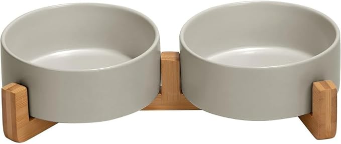 Elevated Ceramic Pet Bowls – Double Raised Food and Water Bowls for Dogs and Cats with Bamboo Stand, Gray Modern Non-Slip Dishwasher Safe Feeder Station