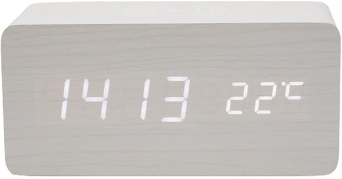 Wooden Digital Alarm Clock with Charging Function, for Temperature for Bedroom Travel Desk Decoration, Desk Clocks for Bedside(White)