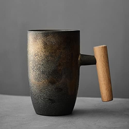 Hippo Family Vintage Ceramic Mug with Wooden Handle, 12oz, Rustic Matte Ceramic Glaze,Japanese Style (Gilding)