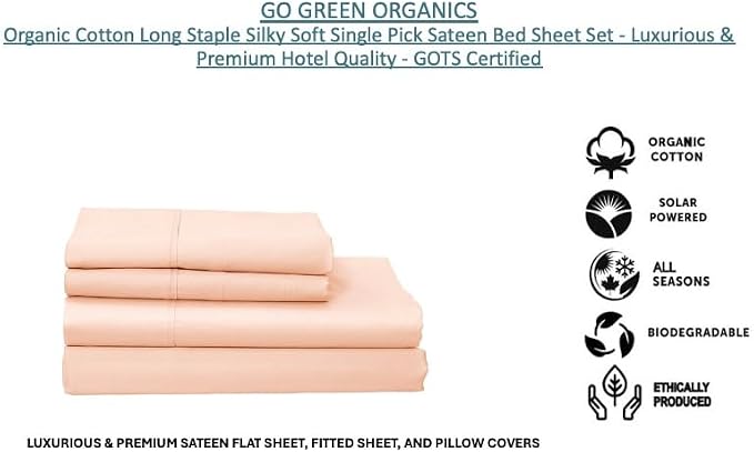 Organic Cotton Long Staple Silky Soft Single Pick Sateen Bed Sheet Set - Luxurious & Premium Hotel Quality - GOTS Certified - Solid Dyed (Pearl Blush, King (U.S. Standard))